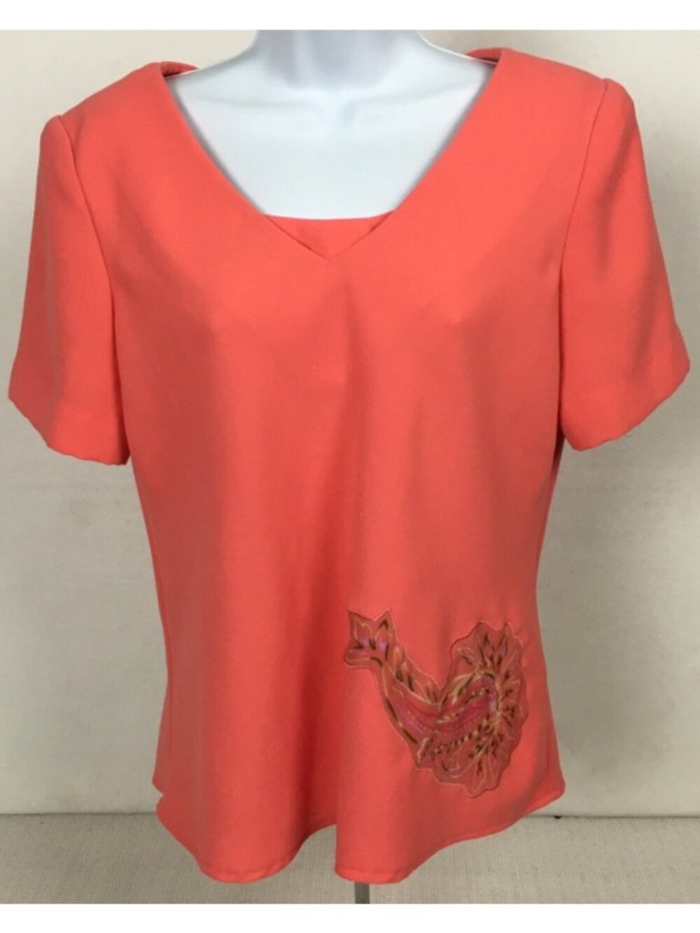 Studio I Top Women Size 12 Orange Short Sleeves V neck Paisley Applique
